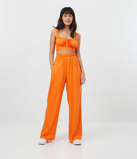 Pantalón ancho de lino viscosa con cintura elástica y bolsillos - Naranja