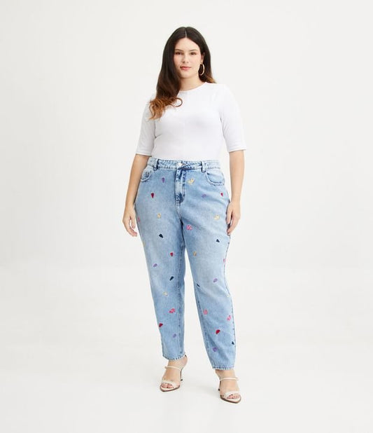 Vaqueros para mamás con bordado de corazón, Curvas y tallas grandes, Azul