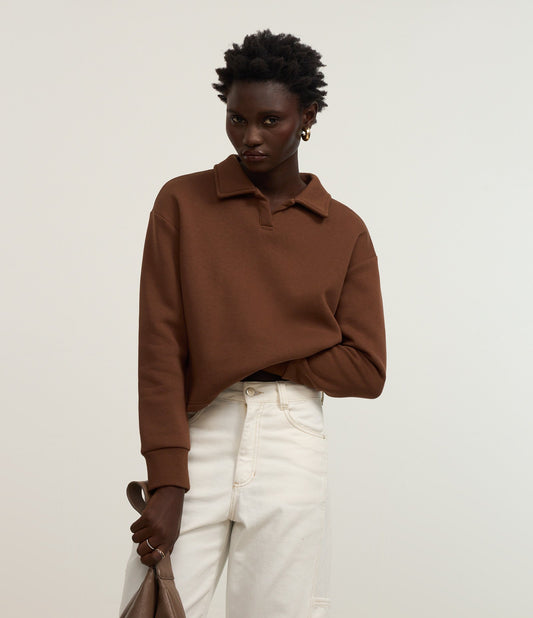 Slim Fit Warm Sweatshirt with Lining and Brown Polo Collar