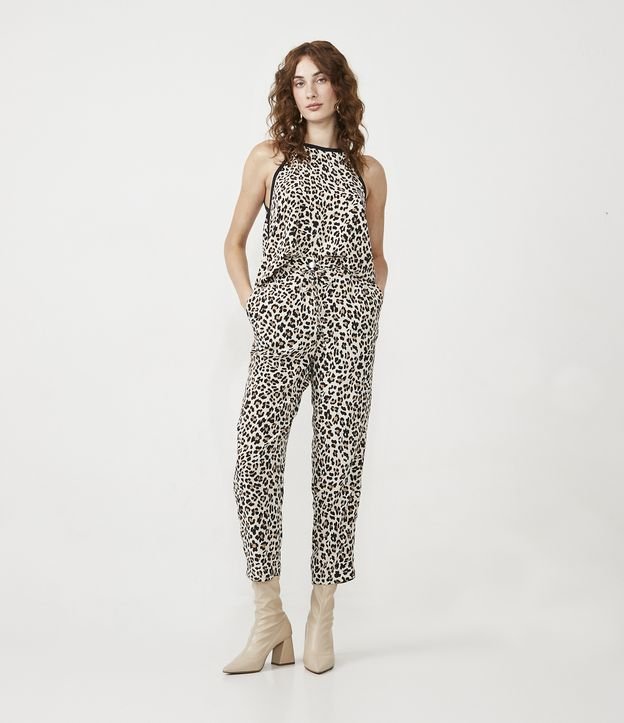 Calça de cintura alta com gravata e estampa animal de leopardo bege