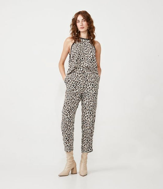 Calça de cintura alta com gravata e estampa animal de leopardo bege