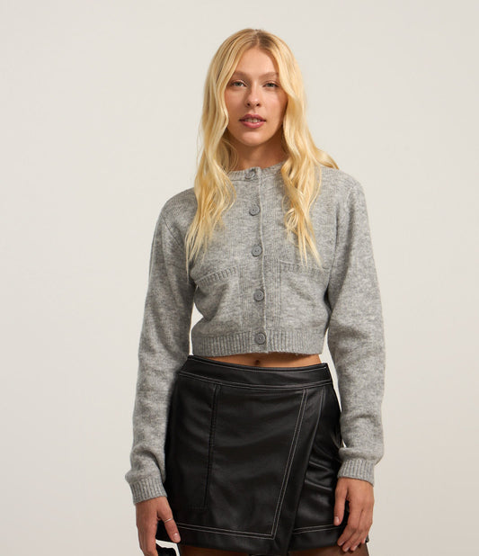Cropped Knit Cardigan with Front Pockets and Buttons in Gray