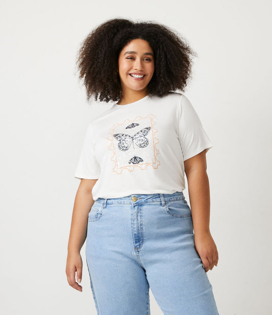 Blusa de manga curta com estampa e lantejoulas, Curve & Plus Size, Branco
