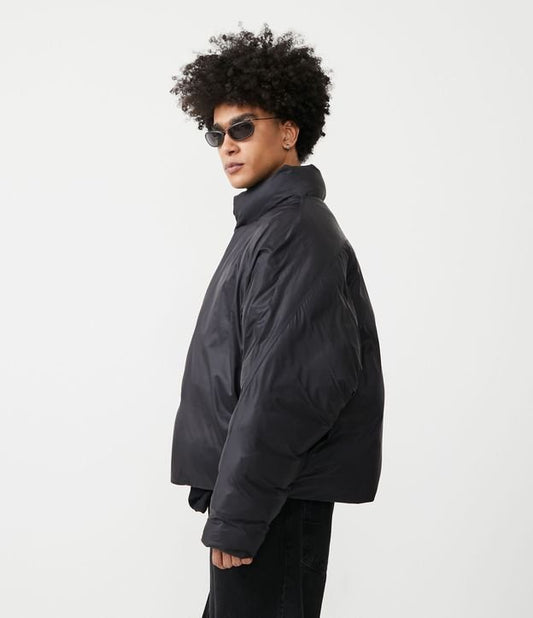 Black Polyamide Puffer Jacket with High Collar and Internal Pocket