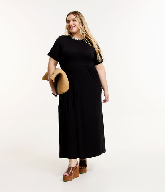 Vestito midi in maglia crepe con colletto rettilineo, Curve e taglie forti, nero
