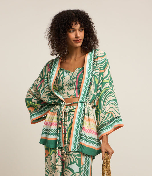 Kimono lungo in viscosa con stampa tropicale e cintura verde