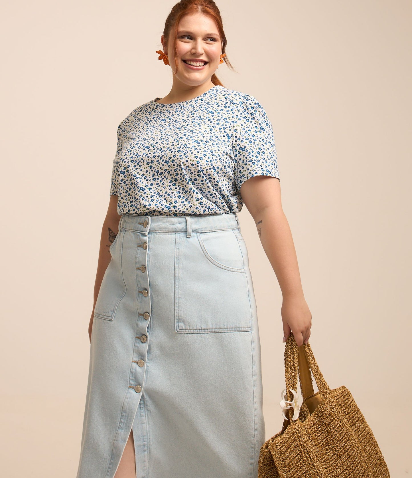 Cotton Blouse with Puff Sleeves and Floral Print, Curve and Plus Size, Blue
