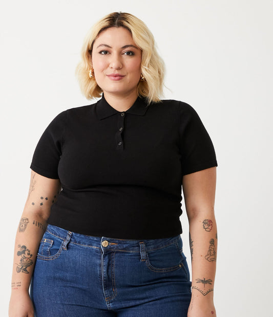 Blusa de malha preta com gola polo - Curve & Plus Size