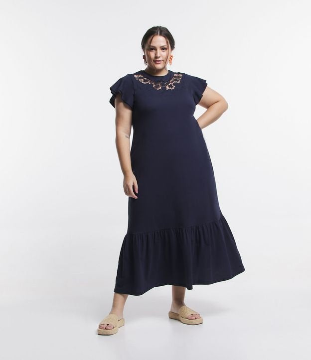 Vestito midi in maglia jersey con busto ricamato, taglie forti e taglie forti, blu