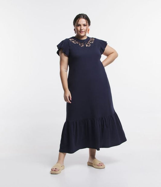 Vestido Midi em malha de Jersey com busto bordado, Curve & Plus Size, Azul