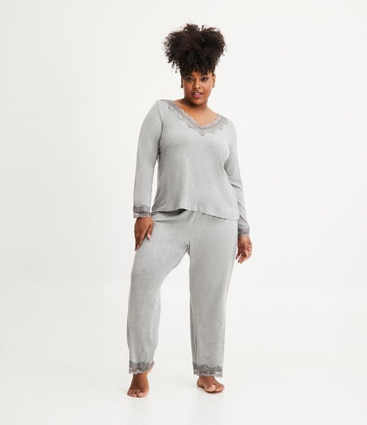 Pantalón de Pijama Viscolycra con Detalles de Encaje, Tallas Curvas y Grandes, Gris