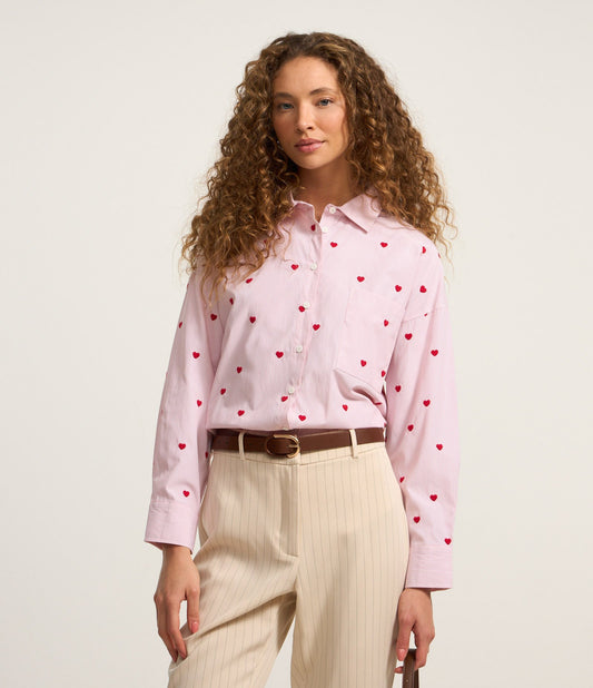 Camicia lunga a righe Tricoline con ricamo a cuore rosa