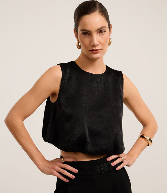 Black Balloon Sleeve Chiffon Blouse with Pleated Back