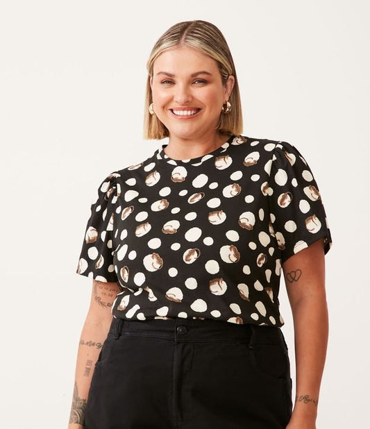 Blusa de algodão com estampa exclusiva de bolinhas, Curve & Plus Size, preta