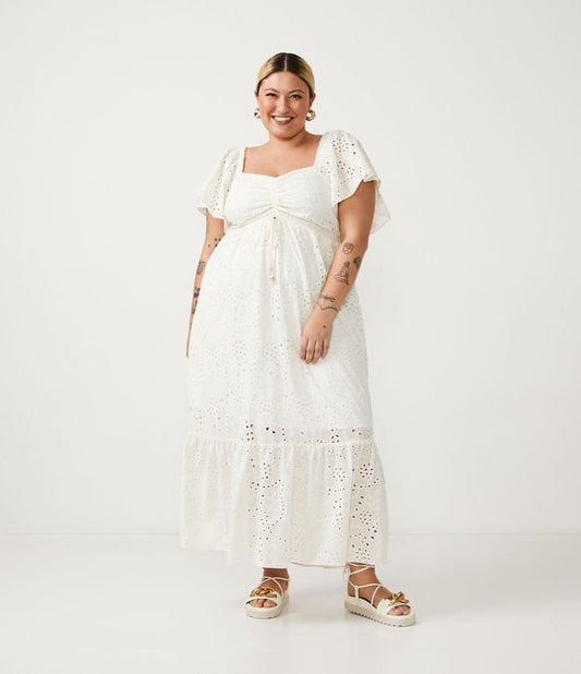 Vestido longo de renda com decote de amarrar, Curve & Plus Size, branco