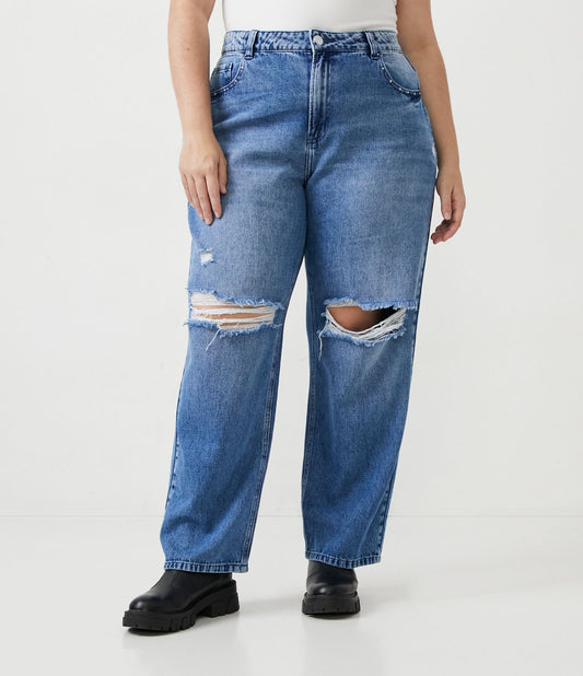 Jeans a gamba dritta con dettagli anticati e tasche con borchie, Curve e taglie forti, blu