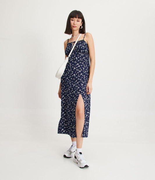 New Blue Floral Print Midi Dress with Straps in Viscose