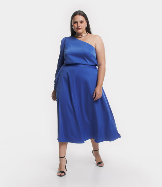 Saia midi com efeito de cetim azul - Curve & Plus Size
