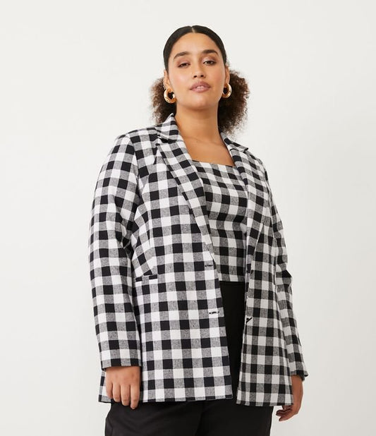 Blazer lungo in cotone con stampa check vichy e bottoni, Curve e taglie forti, nero