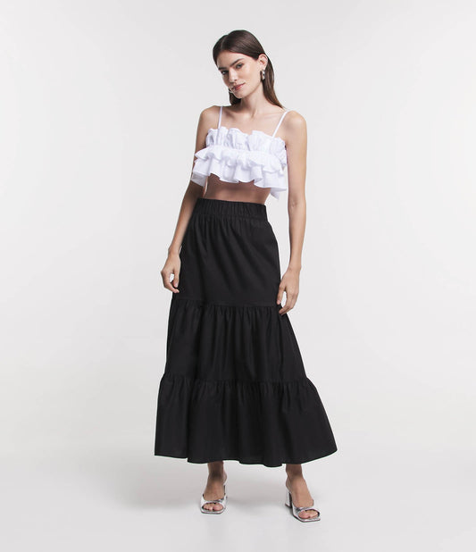Saia midi em tricoline com elástico preto na cintura