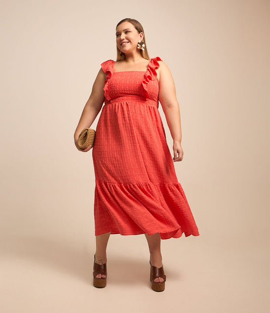 Vestido midi de crepe texturizado com babados, Curve & Plus Size, laranja