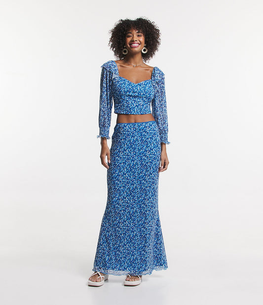 New Blue Liberty Floral Print Midi Tulle Skirt