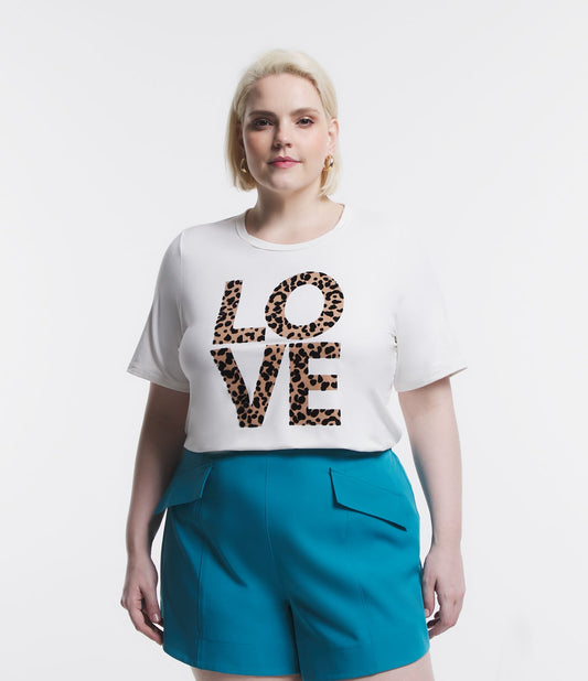 Camicetta in pelle scamosciata con scritta Love e stampa animalier, Curve e taglie forti, bianco