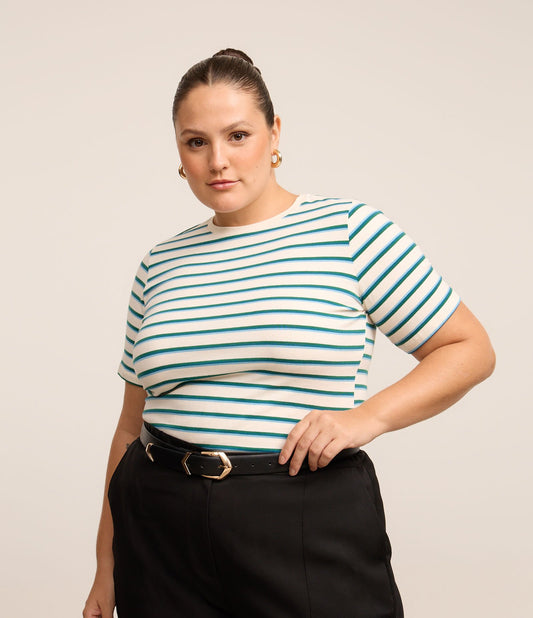 Maglietta in cotone a righe in taglie Curve e Plus Size Off Bianco/Blu/Verde