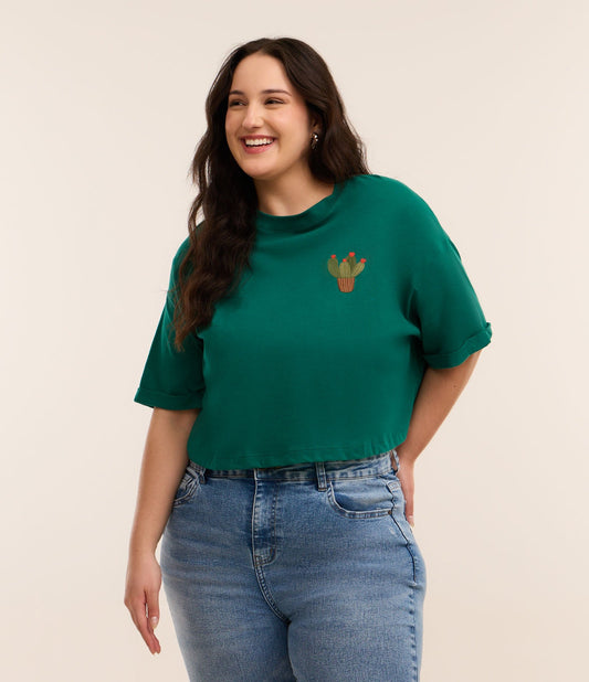 Maglietta verde con ricamo di cactus - Curve e taglie forti