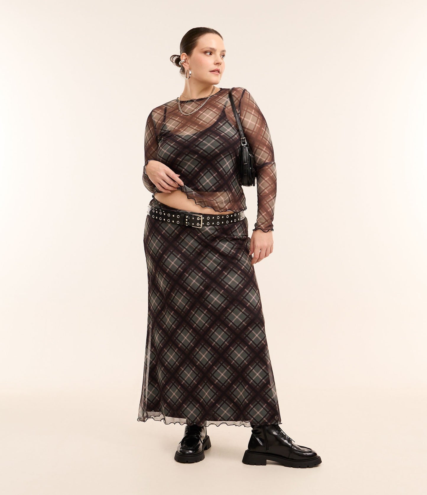 Gonna midi in tulle con stampa a quadri, Curve e taglie forti, verde
