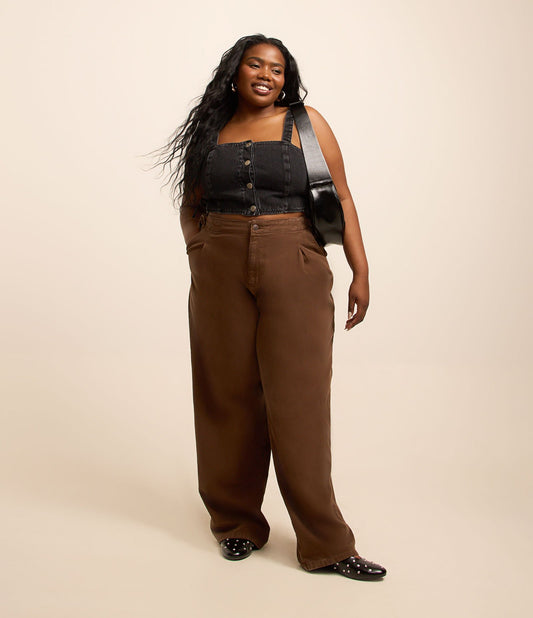Pantaloni in twill a gamba larga con fibbie in vita, Curve e taglie forti, marrone