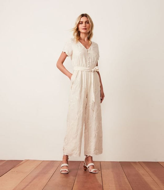 Macacão longo de viscose com bordado off-white
