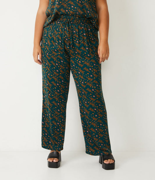 Pantaloni larghi in viscosa stampata con laccetto in vita, Curve e taglie forti, verde