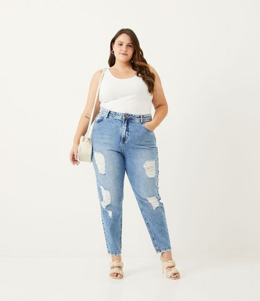 Curve & Plus Size - Jeans da mamma con effetto distressed in blu