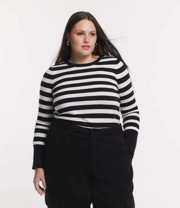 Maglione a maniche lunghe in maglia a righe Curve e taglie forti Nero/Bianco