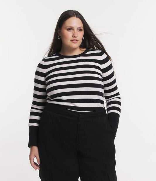 Suéter de malha listrado de manga longa Curve & Plus Size Preto/branco