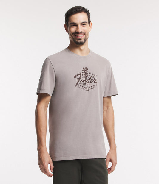 Camiseta cinza bege com estampa Fender Jazz & Bass