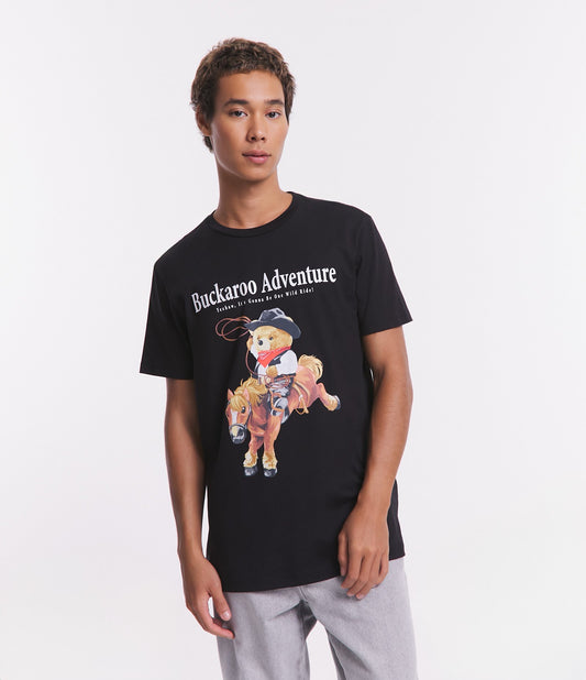 Camiseta Comfort em meia malha com estampa de urso cowboy preto