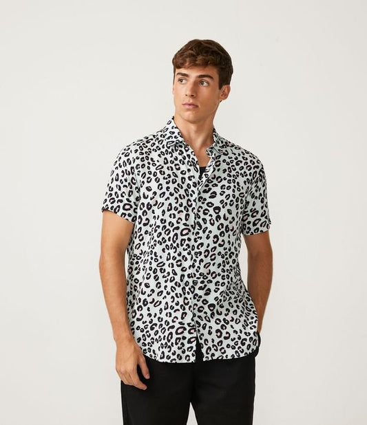 Regular Fit Viscose Shirt with Green Leopard Print