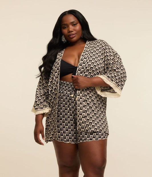 Kimono in viscosa stampata a scacchi con frange, Curve e taglie forti, nero/bianco sporco