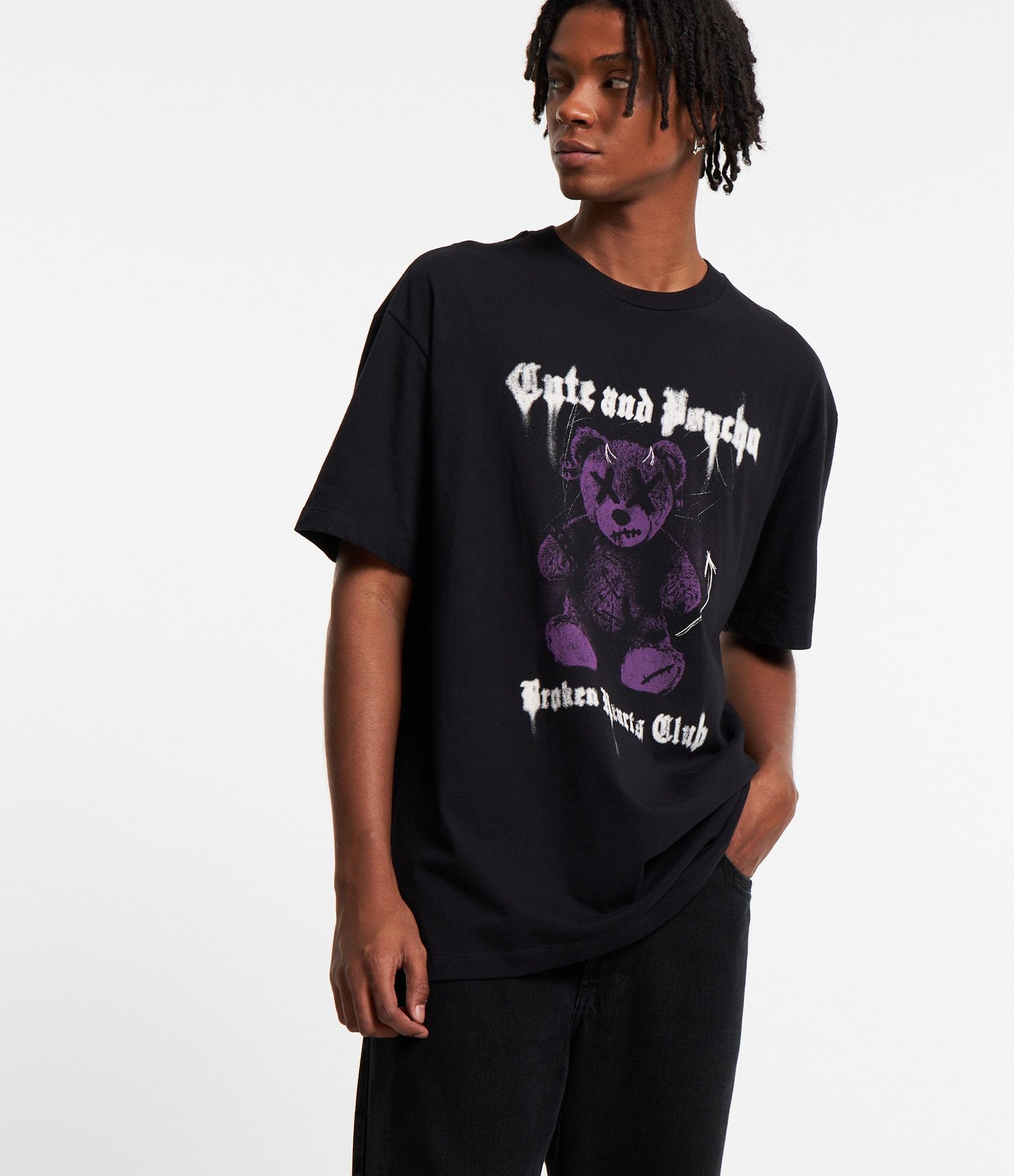 Camiseta de algodão relaxada com estampa de ursos fofos e psicóticos em preto