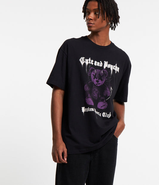 Camiseta de algodão relaxada com estampa de ursos fofos e psicóticos em preto