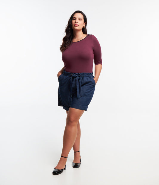 Bermudas vaqueras con lazo en la cintura, Curvas y tallas grandes, Denim azul