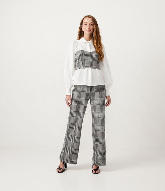 Calça de malha de tweed de perna reta com estampa xadrez preta