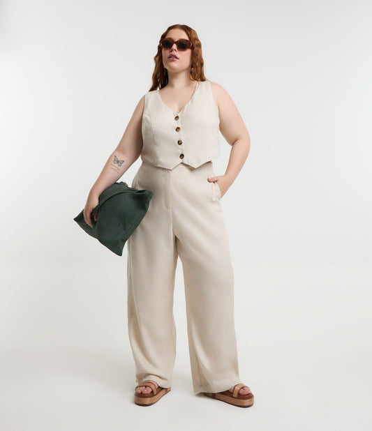 Pantaloni a gamba larga effetto lino, Curve e taglie forti, Beige Raw