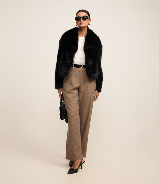 Calça reta de alfaiataria com cinto de PU e estampa Houndstooth bege