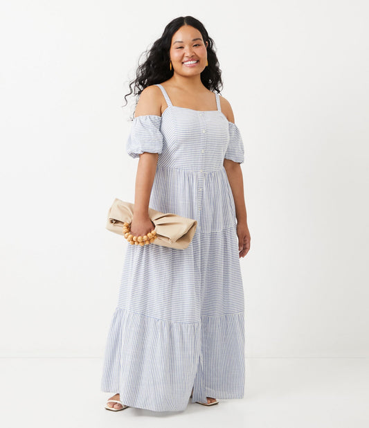 Vestido longo de viscose com estampa de listras, Curve & Plus Size, azul
