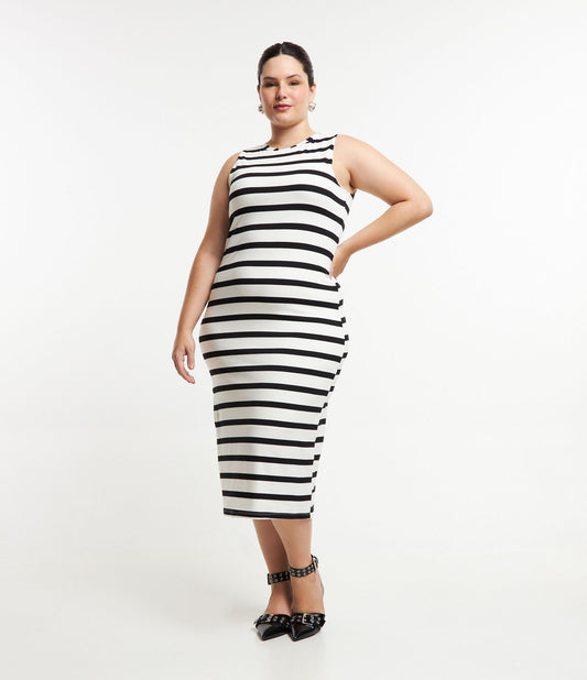 Vestido Midi de Punto Jersey con Estampado de Rayas, Tallas Curvas y Grandes, Negro/Blanco