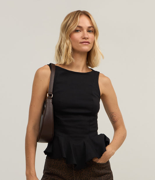 Sleeveless Black Peplum Top in Bengaline Fabric