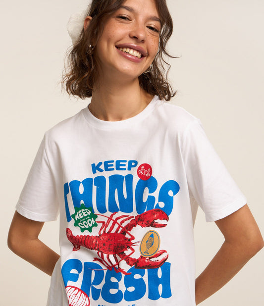 Camiseta de algodón extendido con estampado de langosta fresca en blanco